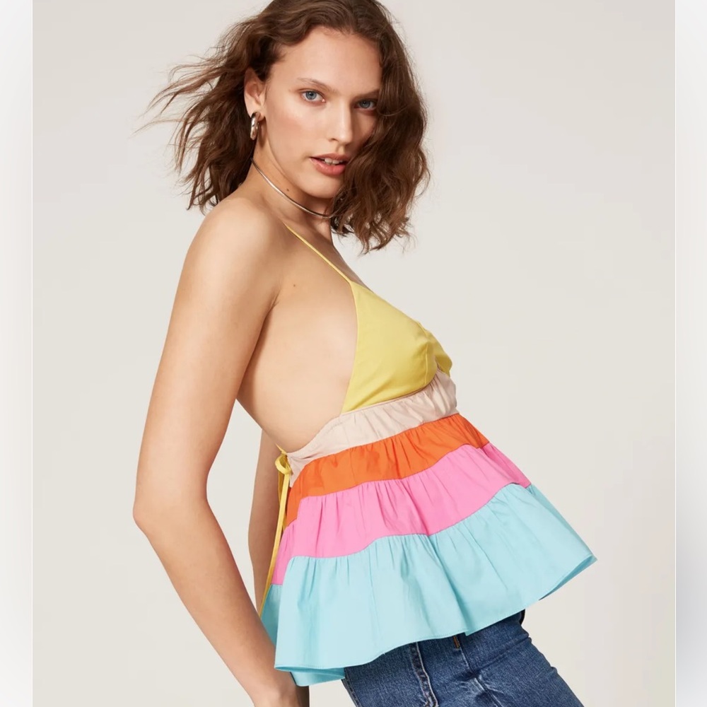 Staud Olympia Colorblock Spaghetti Strap Flowy Tank Top Multi Baby Blue Pink szM - Picture 4 of 14